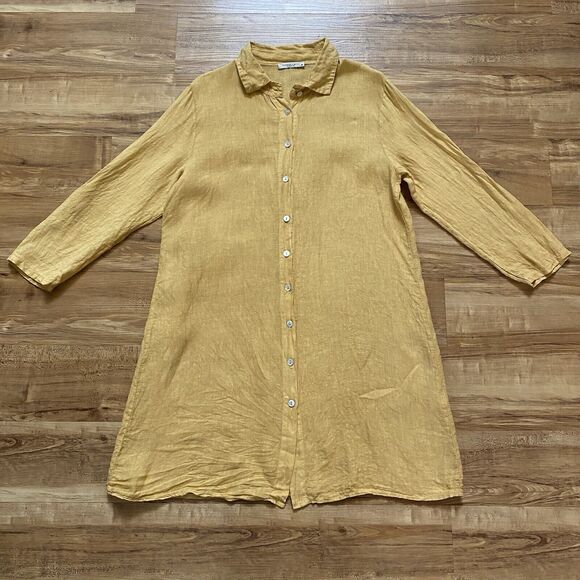 FRANCESCA BETTINI M Linen Yellow Button Shirt Dress Roll-Tab Cottage Lagenlook - Picture 10 of 16